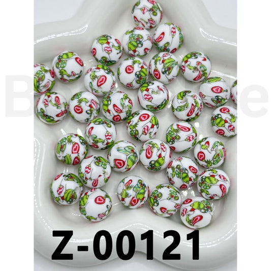 Green Monster Grin Christmas White Round Printed Silicone Beads 15mm, Number Z-00121