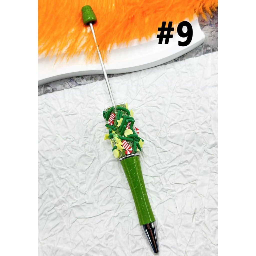 Christmas Red Green Color Beadable Pen with Ornaments Snow Flakes Bells Candy Christmas Trees Snowman