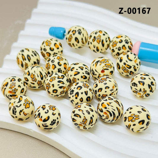 Black-Brown Jaguar Paw Prints Maize-yellow Round Printed Silicone Beads 15mm, Number Z-00167