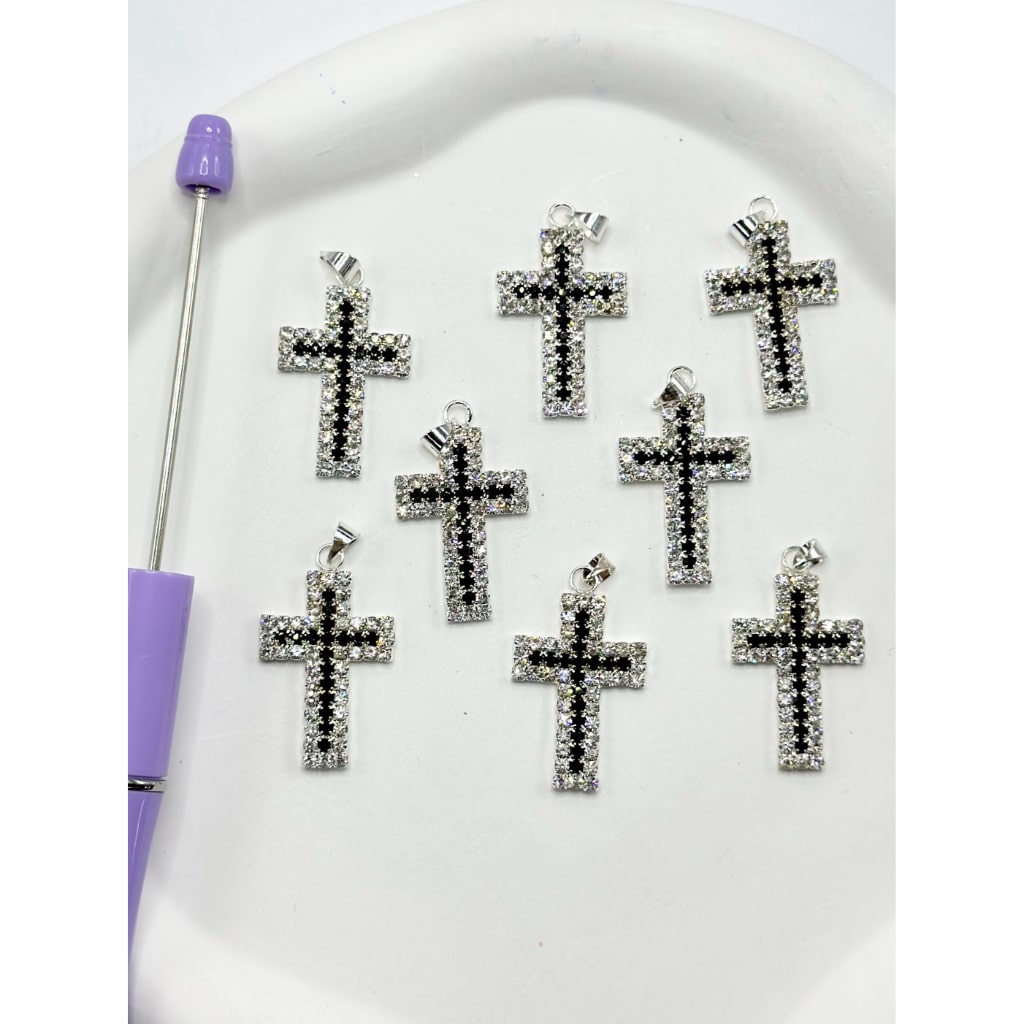 Religious Silver Color Metal Alloy Cross Shape Charm with Rhinestones, 32MM by 19MM