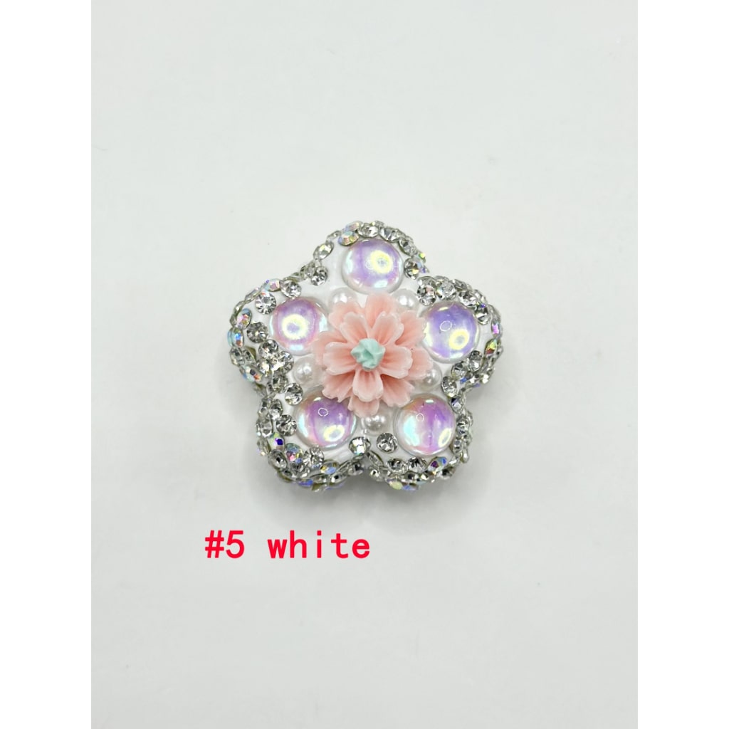 Flower Shape Clay Beads with Small Flower Pearls Clear Rhinestones in Solid Colors, 26MM by 26MM