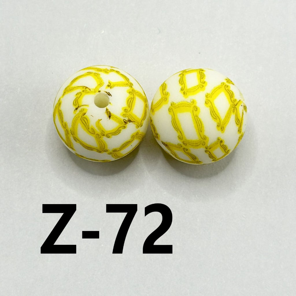 Yellow Frame Pattern White Round Printed Silicone Beads 15mm, Number Z-72