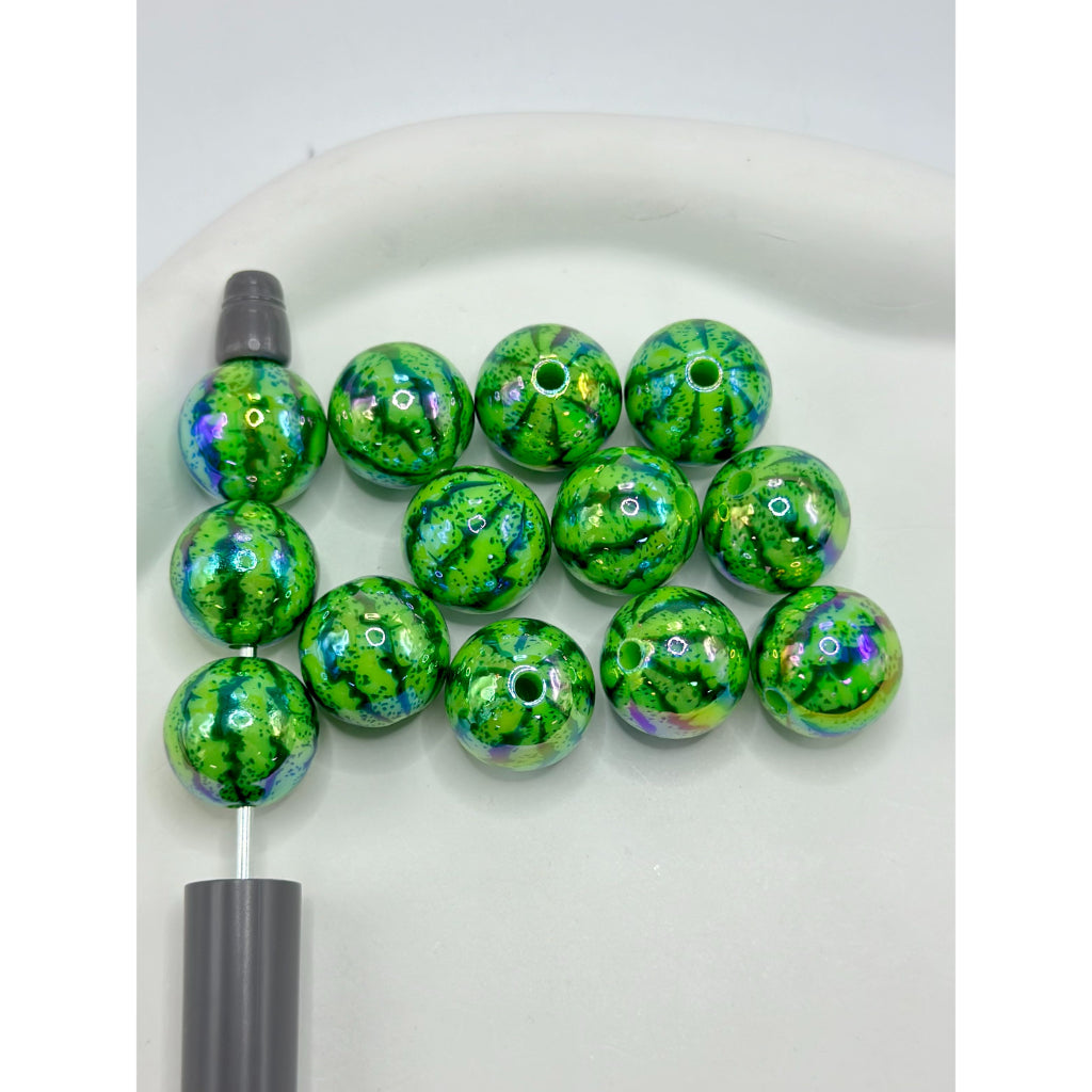 Green UV Coating Acrylic Beads with Watermelon Stripes Prints, Random Mix, 16MM