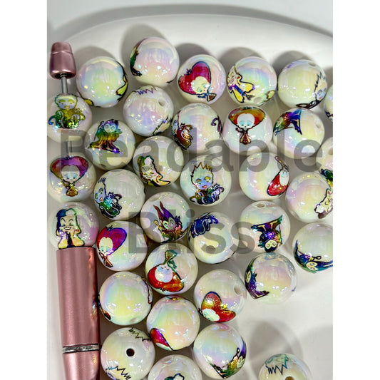 White UV Coating Acrylic Beads with Hocus Queens, Villains Random Mix, 16MM