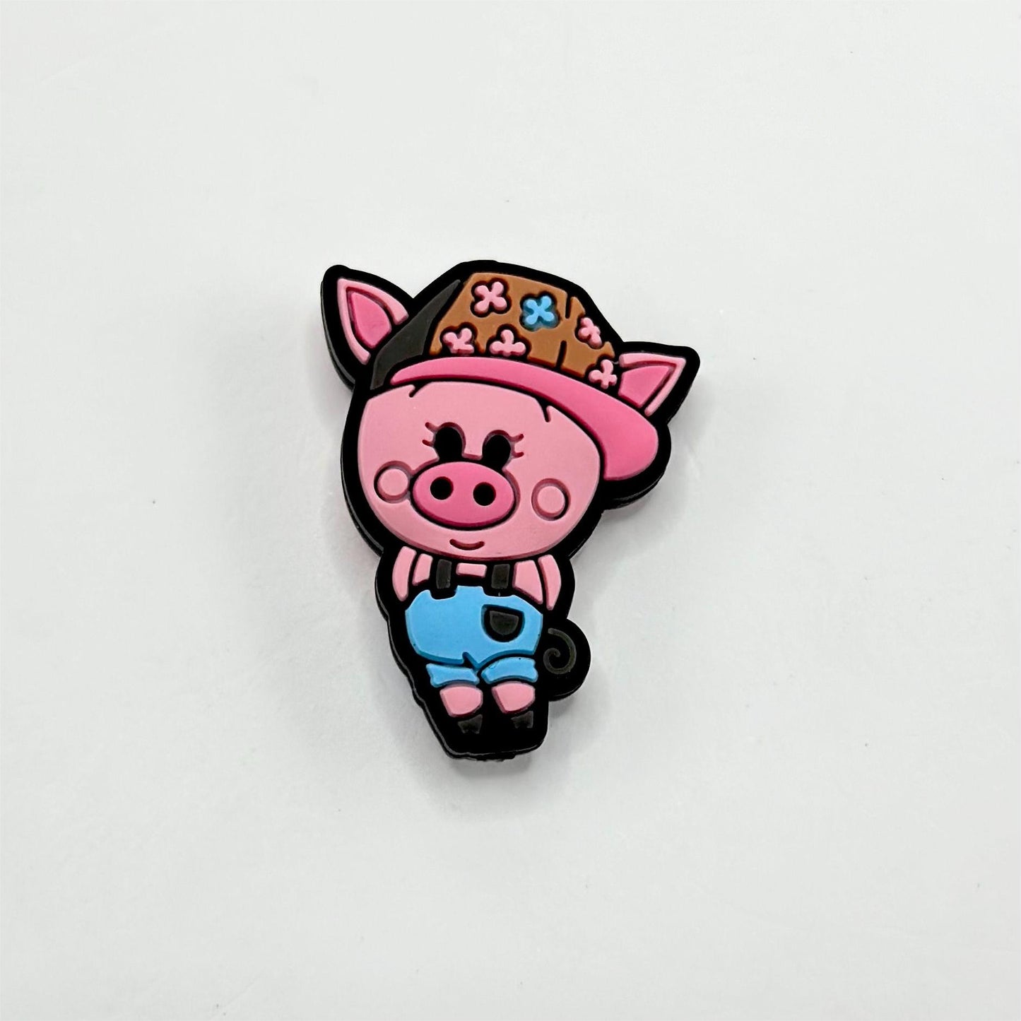 Pink Cute Piggie with Blue Suspender Trousers and Brown Hat Silicone Focal Beads