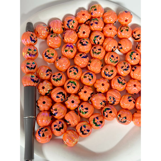 Orange UV Coating Acrylic Beads with Halloween Ghost Face Prints, Random Mix, 16MM