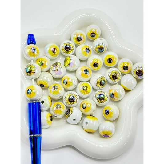 Large Sunflower White Round Acrylic Beads, 16MM