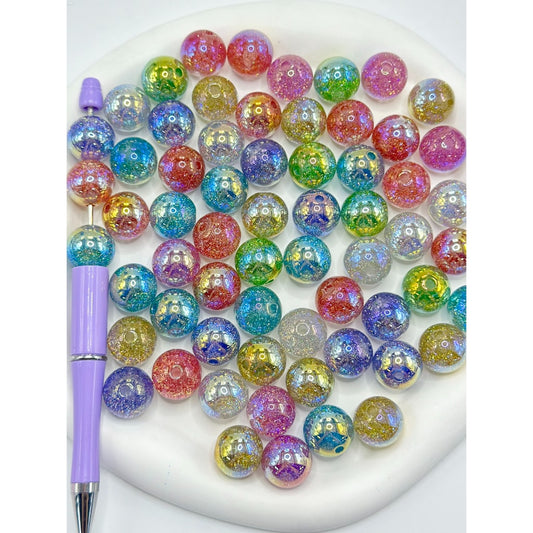 Sparkling UV Coating Glitter Round Acrylic Beads, Random Mix, 16MM