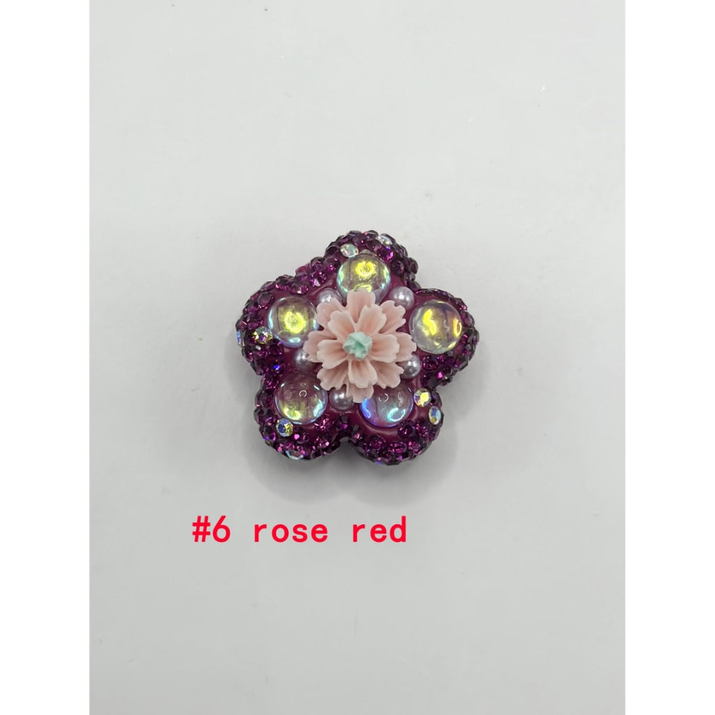 Flower Shape Clay Beads with Small Flower Pearls Clear Rhinestones in Solid Colors, 26MM by 26MM