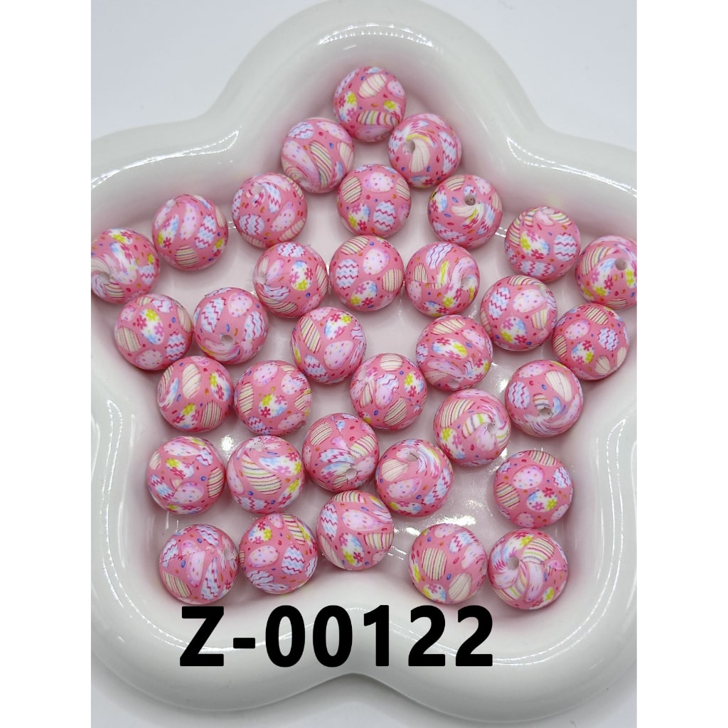 Colorful Eggs Small Flower Pink Round Printed Silicone Beads 15mm, Number Z-00122