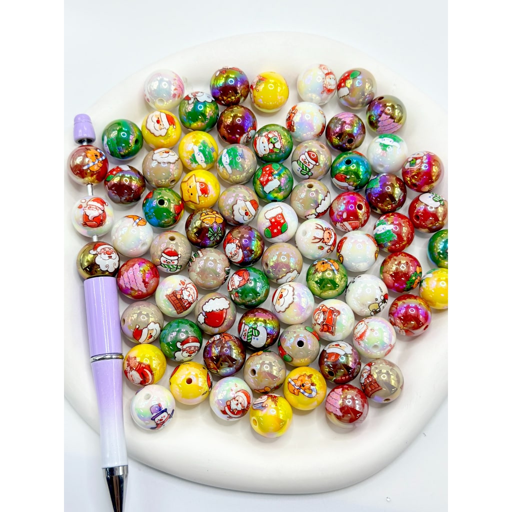 UV Coating Christmas Print Round Acrylic Beads, Random Mix, 16MM