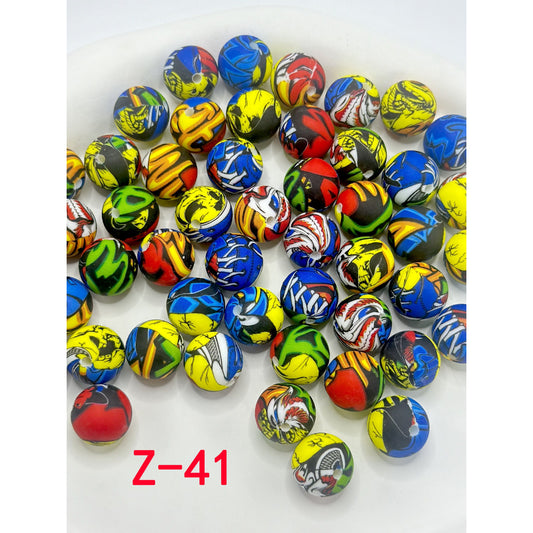 Multi-Color Patterns with Abstarct Design Round Printed Silicone Beads 15mm, Number Z-41