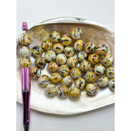 UV Coating Acrylic Beads with Yellow Leopard Jaguar Prints, Random Mix, 16MM