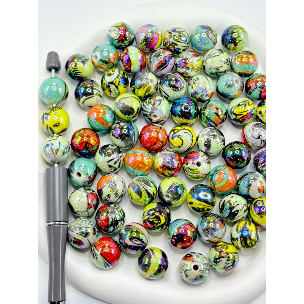 Colorful Abstract Design Acrylic Beads, Random Mix, 16MM