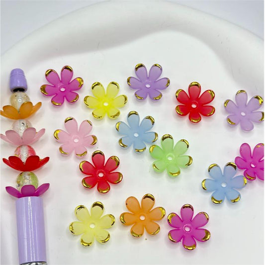 Frosted Various Colors Flowers with Six Petals and Gold Color Stripe Paint Acrylic Beads, Random Mix Color, 20MM, Please Read Description