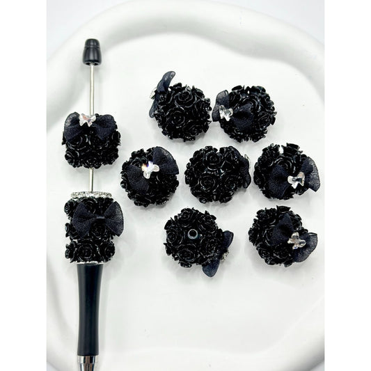 Black Round Acrylic Beads with Small Flowers and Bowknot, 24MM