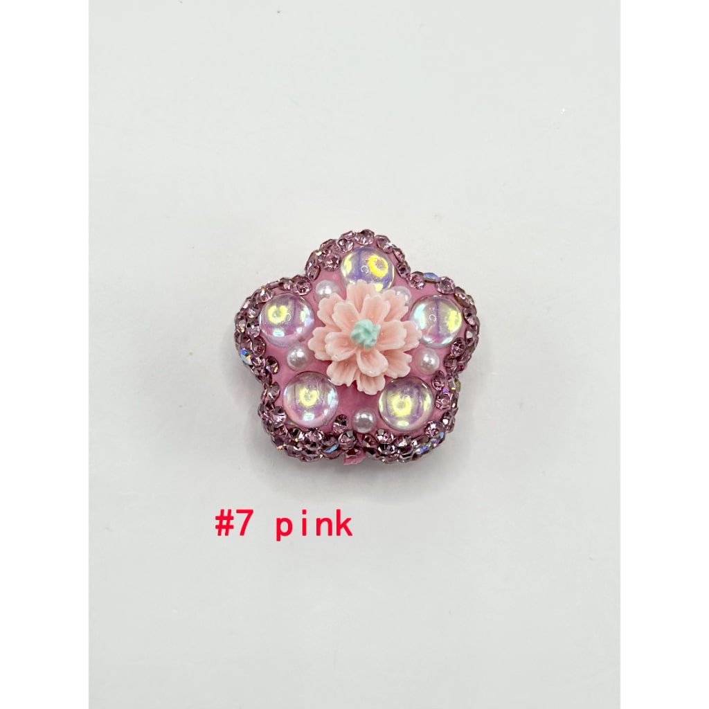 Flower Shape Clay Beads with Small Flower Pearls Clear Rhinestones in Solid Colors, 26MM by 26MM