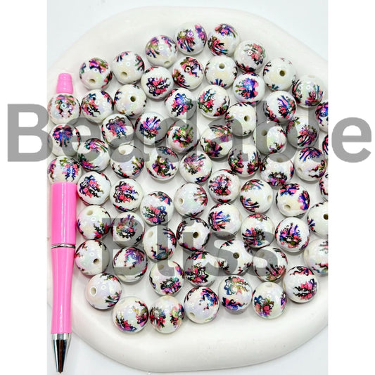 Bow Tie Ribbon Haired Skull Halloween Round Acrylic beads 16mm