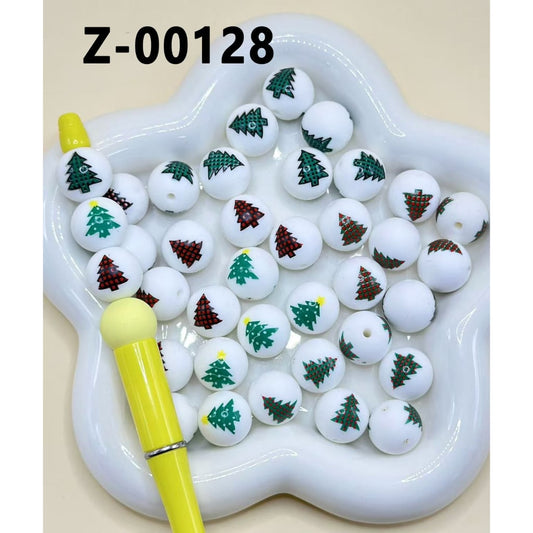 Cute Vivid Pine Christmas Tree White Round Printed Silicone Beads 15mm, Number Z-00128