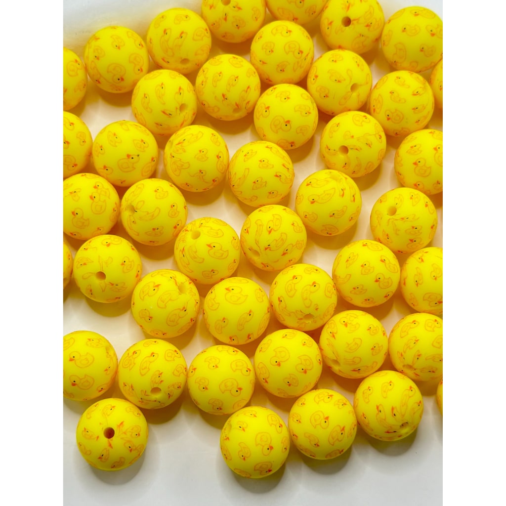 Little Yellow Duckling Pattern Round Printed Silicone Beads 15mm, Number Z-46