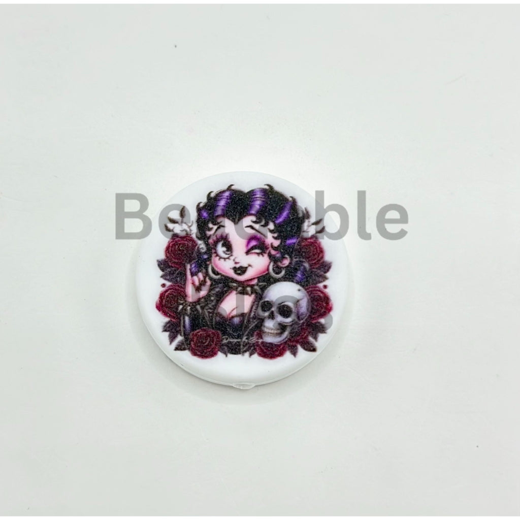 Purple Fashion Girl and Red Rose Skull Silicone Focal Beads