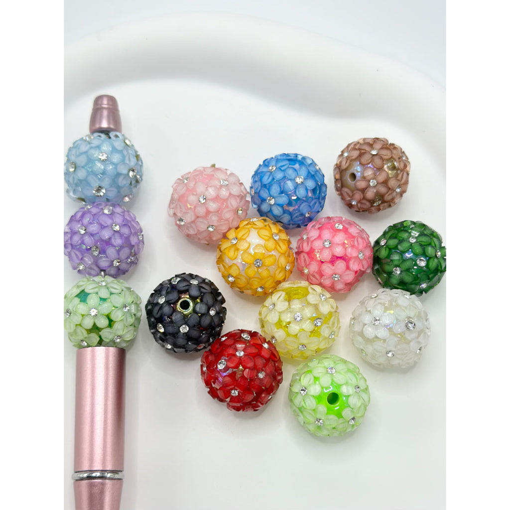 Solid Color Acrylic Beads with Small Flowers and Bumpy Clear Rhinestones, Random Mix, 20MM