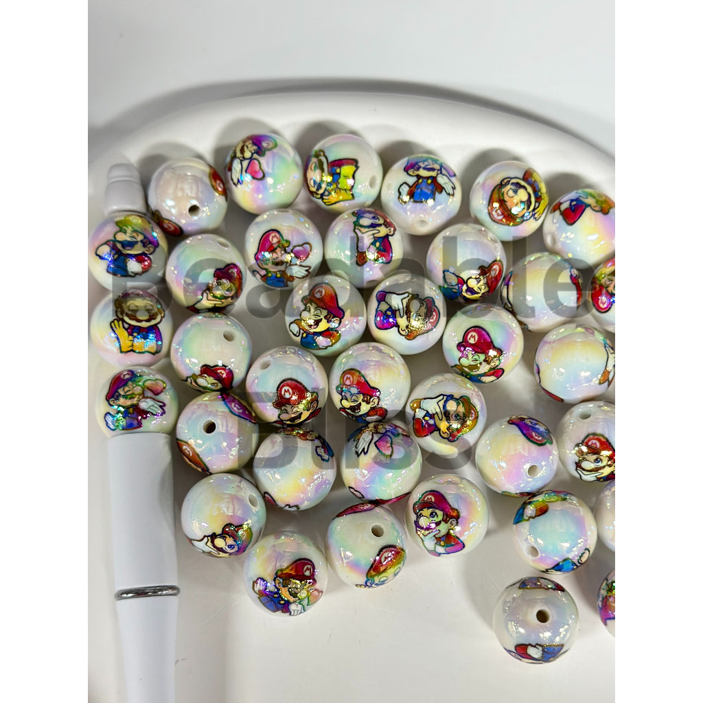 White UV Coated Acrylic Beads with Super Marie Cartoon, Random Mix, 16MM