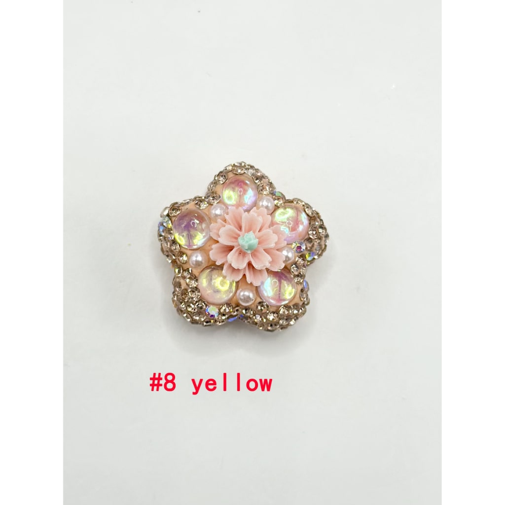 Flower Shape Clay Beads with Small Flower Pearls Clear Rhinestones in Solid Colors, 26MM by 26MM