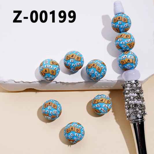 Dad Father Blue Printed Silicone Beads 15MM, Number Z-00199