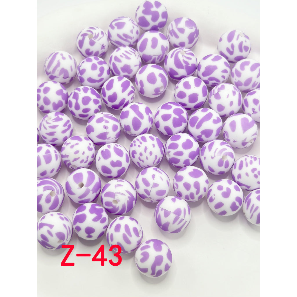 White Bead with Purple Spots Prints Round Printed Silicone Beads 15mm, Number Z-43