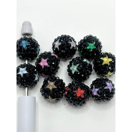 Black Acrylic Beads with Clear Acrylic Rhinestone and Small Stars, Random Mix, 18MM