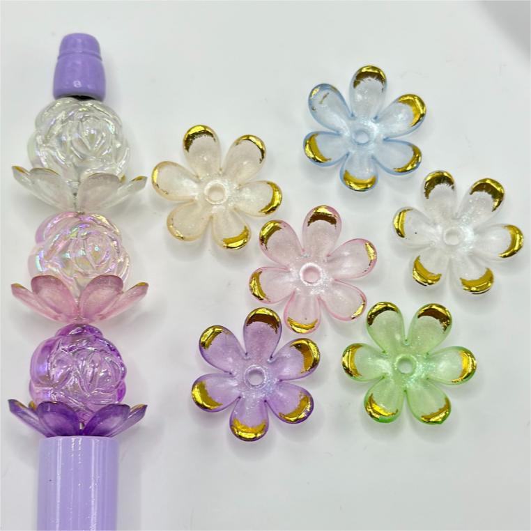 Translucent Various Colors Flowers with Six Petals and Gold Color Stripe Paint Acrylic Beads, Random Mix Color, 20MM, Please Read Description