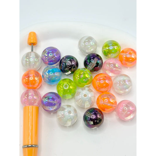 Clear See Through Acrylic Beads with Watermelon Vertical Stripes, Random Mix, 16MM