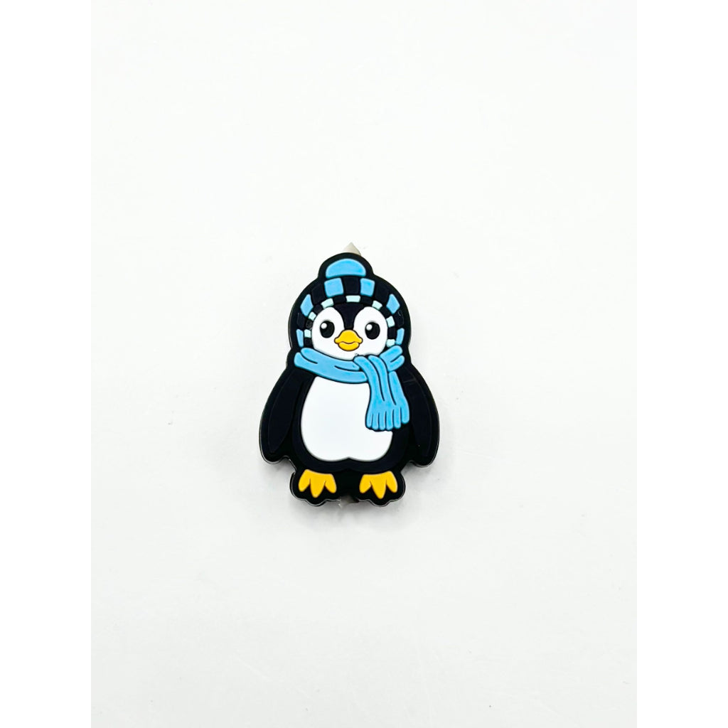 Cute Penguin with Blue Black Stripe Hat and Blue Scarf Silicone Focal Beads