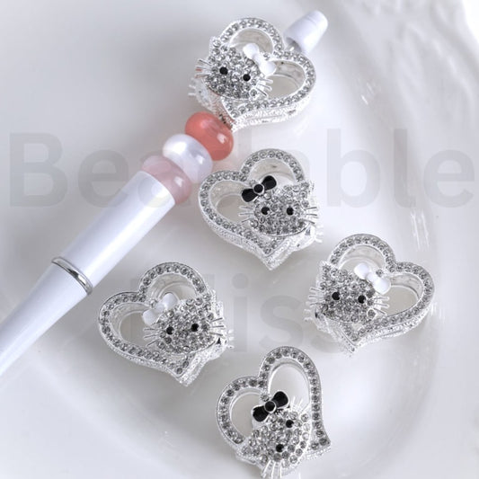 Vivid Cute Silver Color Alloy Heart HK Kitten with Clear Rhinestones Beads, Around 27*28MM, Random Mix