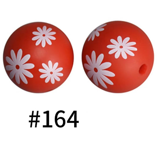 White Flowers on Red Printed Silicone Beads Number 164