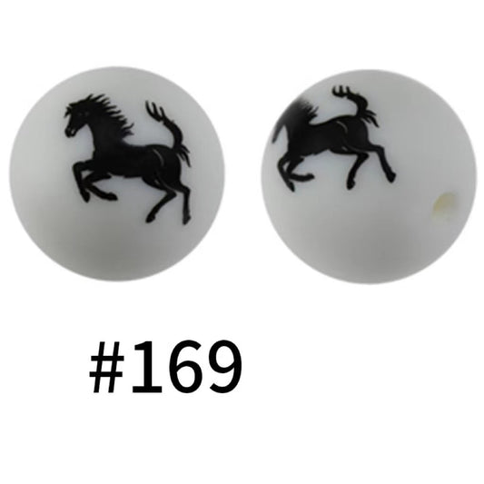 Black Horse on White Printed Silicone Beads Number 169