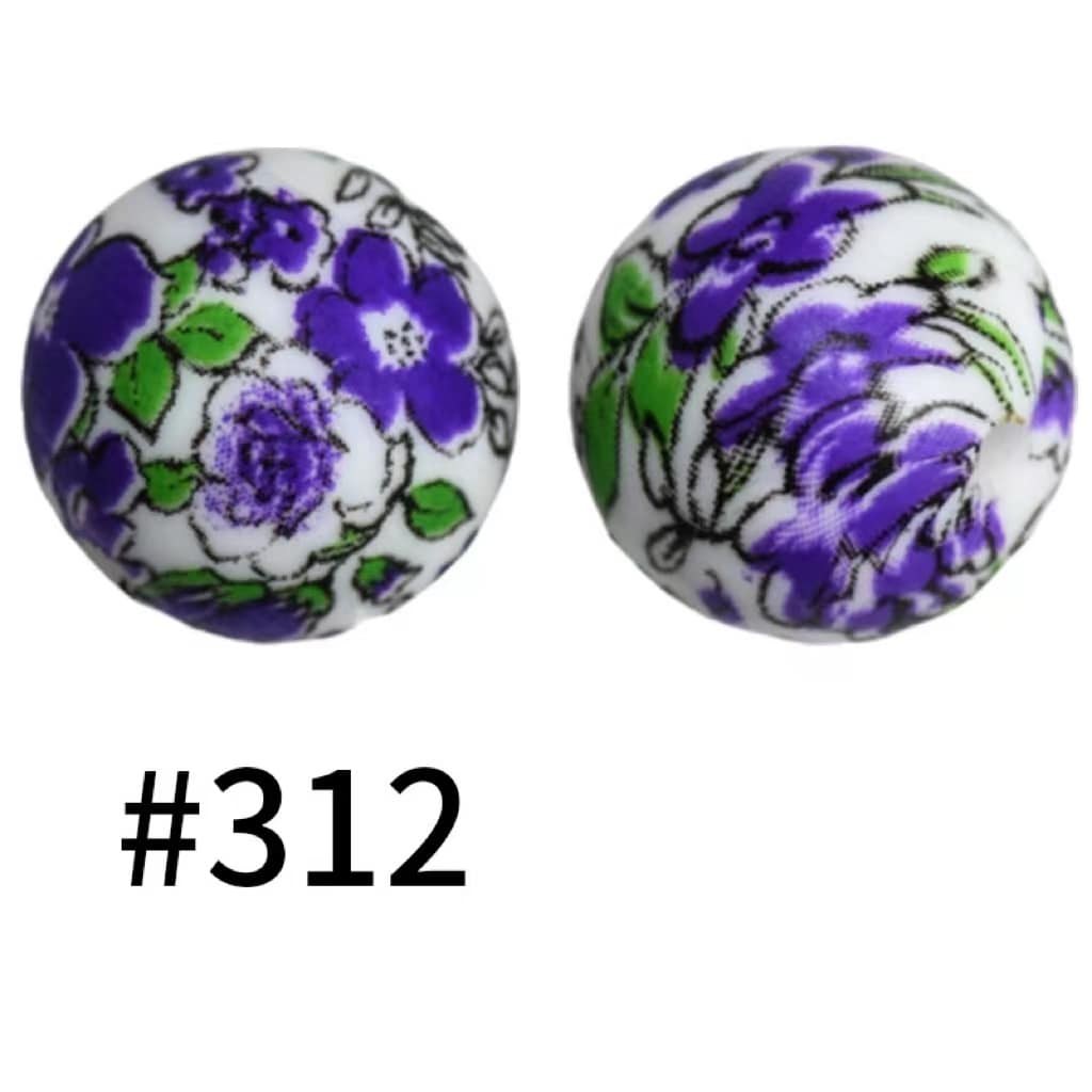 Lavender Flowers on White Printed Silicone Beads Number 312