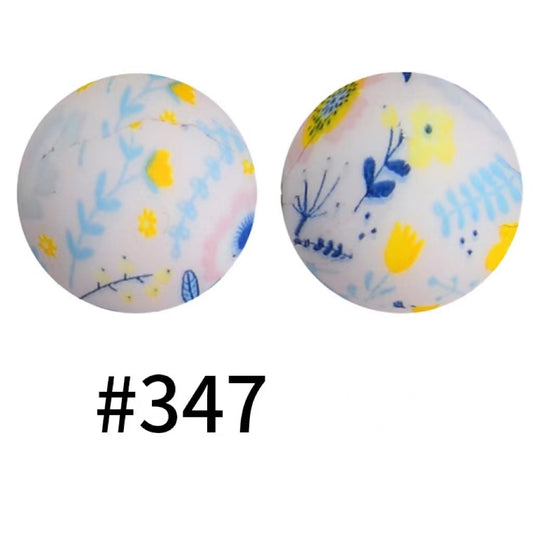 Yellow Blue Flowers Printed Silicone Beads Number 347