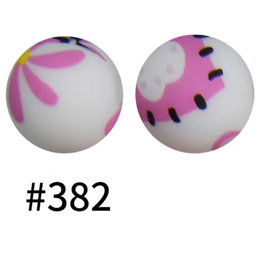 Pink Flower Printed Silicone Beads Number 382